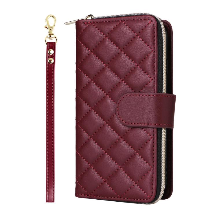 For iPhone 17e / 16e Crossbody Rhombic Zipper Tower Buckle Leather Phone Case with Lanyard