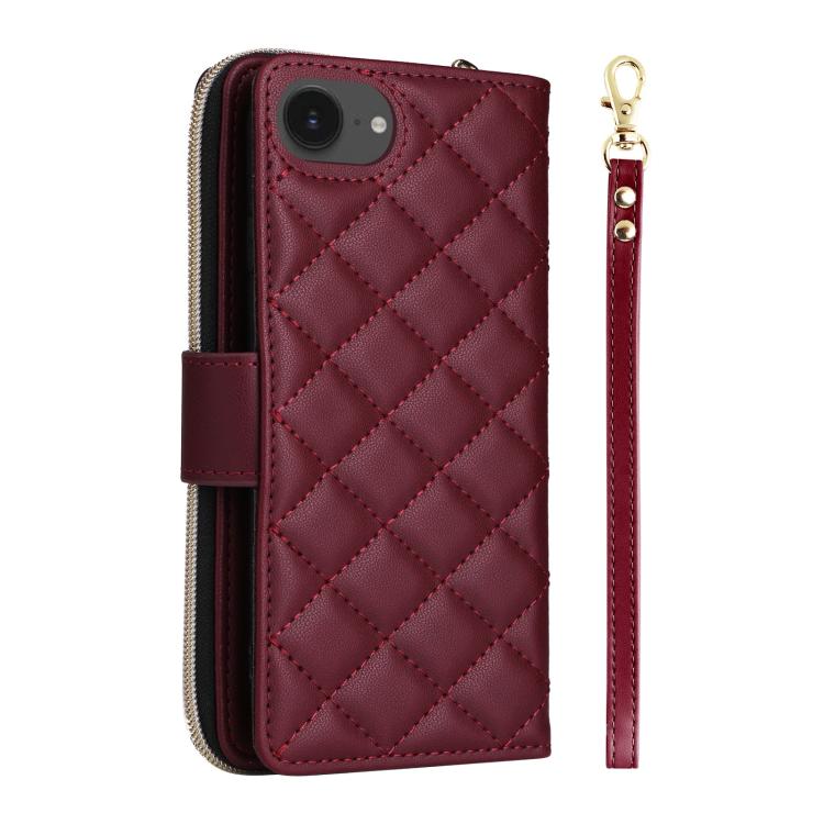 For iPhone 17e / 16e Crossbody Rhombic Zipper Tower Buckle Leather Phone Case with Lanyard