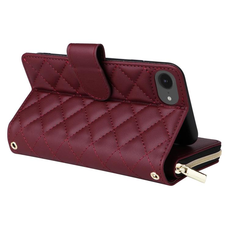 For iPhone 17e / 16e Crossbody Rhombic Zipper Tower Buckle Leather Phone Case with Lanyard
