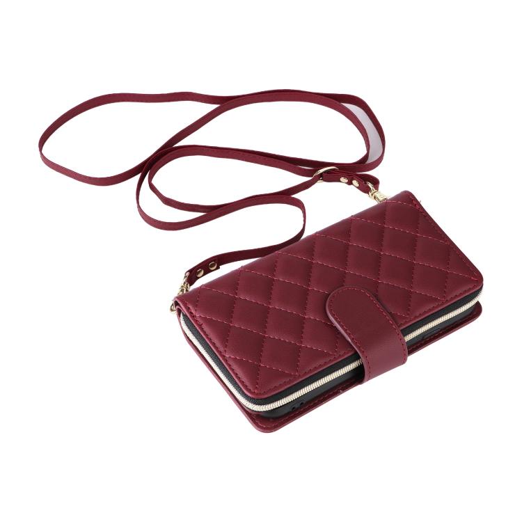 For iPhone 17e / 16e Crossbody Rhombic Zipper Tower Buckle Leather Phone Case with Lanyard