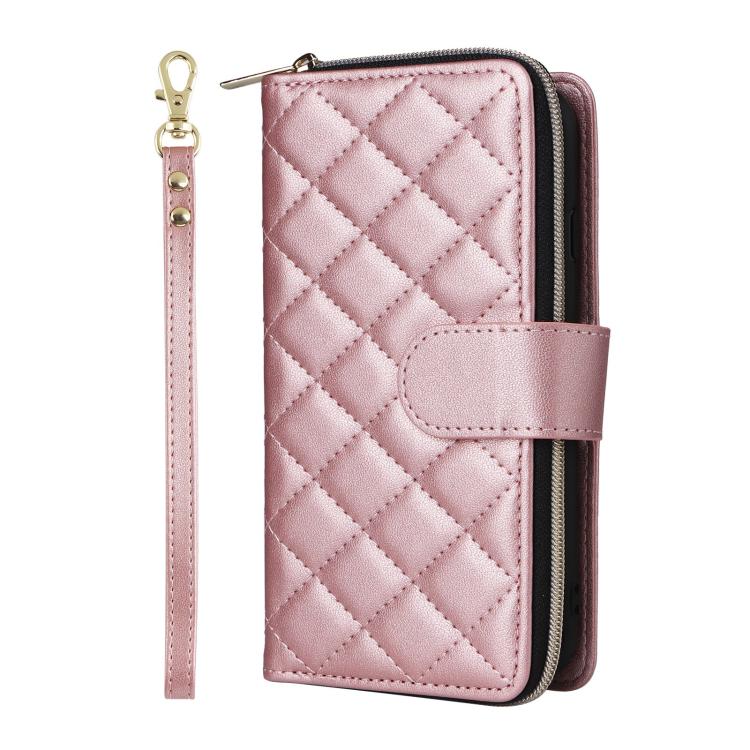 For iPhone 17e / 16e Crossbody Rhombic Zipper Tower Buckle Leather Phone Case with Lanyard