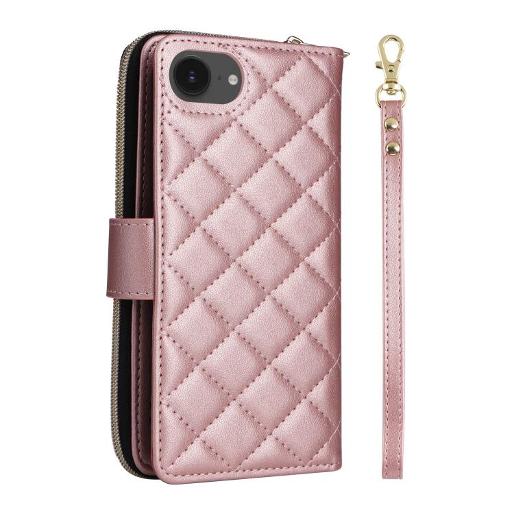 For iPhone 17e / 16e Crossbody Rhombic Zipper Tower Buckle Leather Phone Case with Lanyard