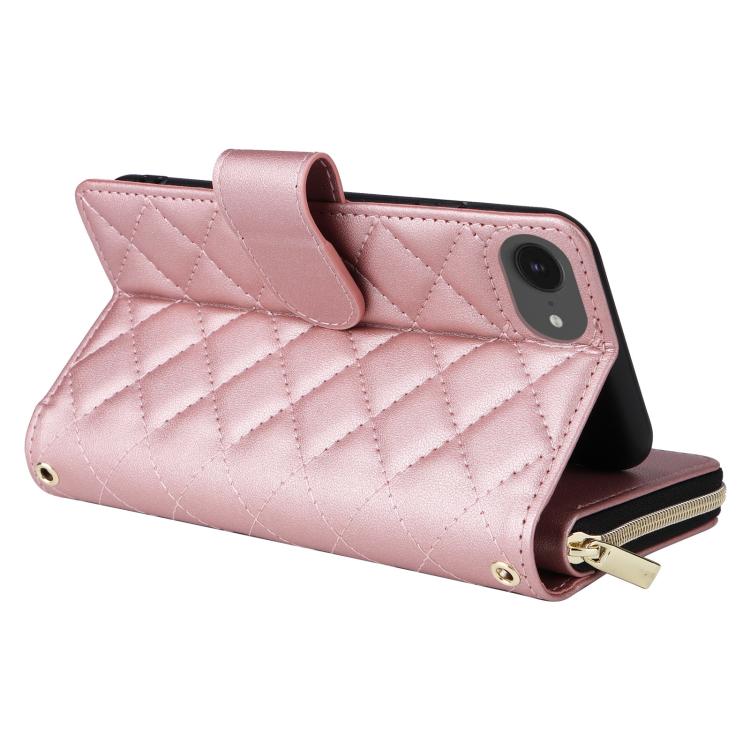 For iPhone 17e / 16e Crossbody Rhombic Zipper Tower Buckle Leather Phone Case with Lanyard