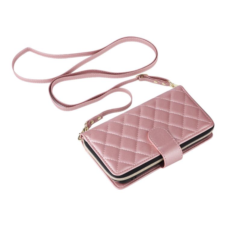 For iPhone 17e / 16e Crossbody Rhombic Zipper Tower Buckle Leather Phone Case with Lanyard
