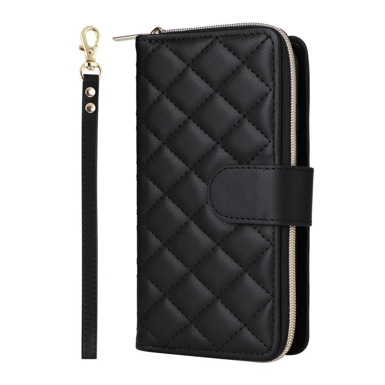 For iPhone 17e / 16e Crossbody Rhombic Zipper Tower Buckle Leather Phone Case with Lanyard