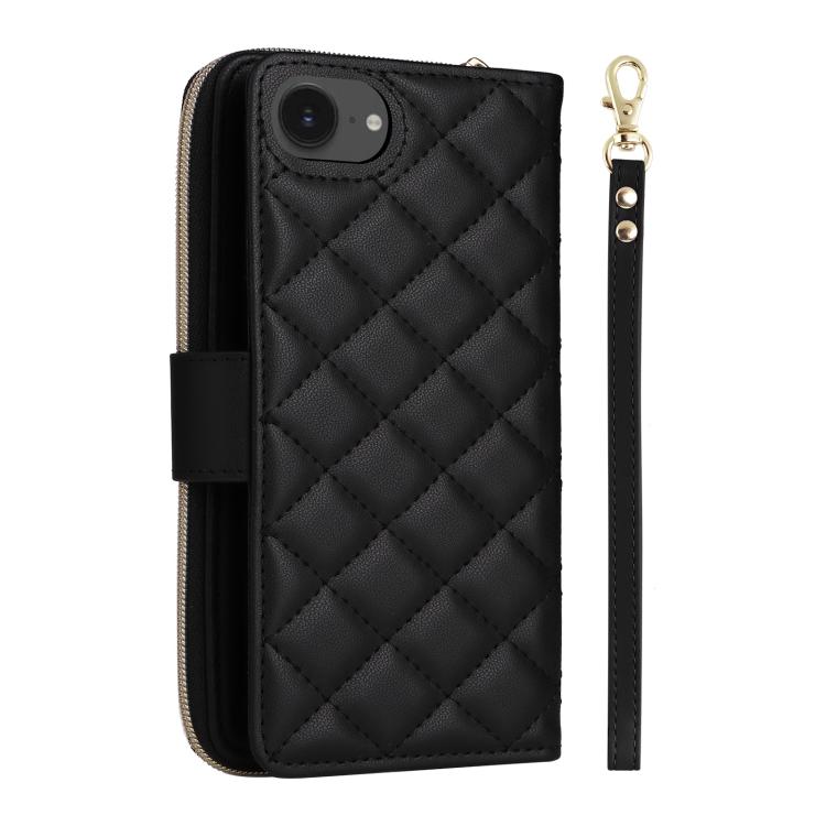 For iPhone 17e / 16e Crossbody Rhombic Zipper Tower Buckle Leather Phone Case with Lanyard
