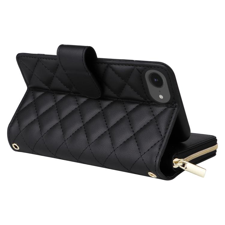 For iPhone 17e / 16e Crossbody Rhombic Zipper Tower Buckle Leather Phone Case with Lanyard