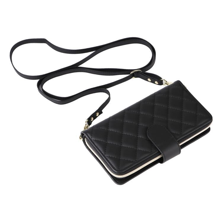 For iPhone 17e / 16e Crossbody Rhombic Zipper Tower Buckle Leather Phone Case with Lanyard