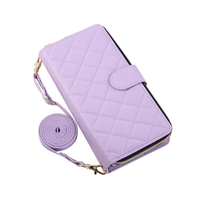For iPhone 17 Pro Max Crossbody Rhombic Zipper Tower Buckle Leather Phone Case with Lanyard