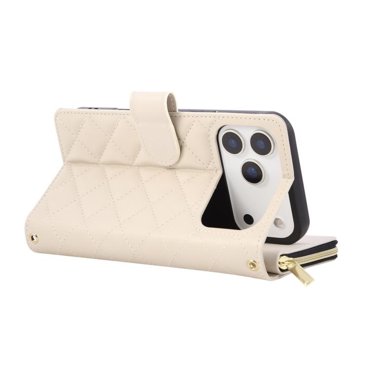 For iPhone 17 Pro Max Crossbody Rhombic Zipper Tower Buckle Leather Phone Case with Lanyard