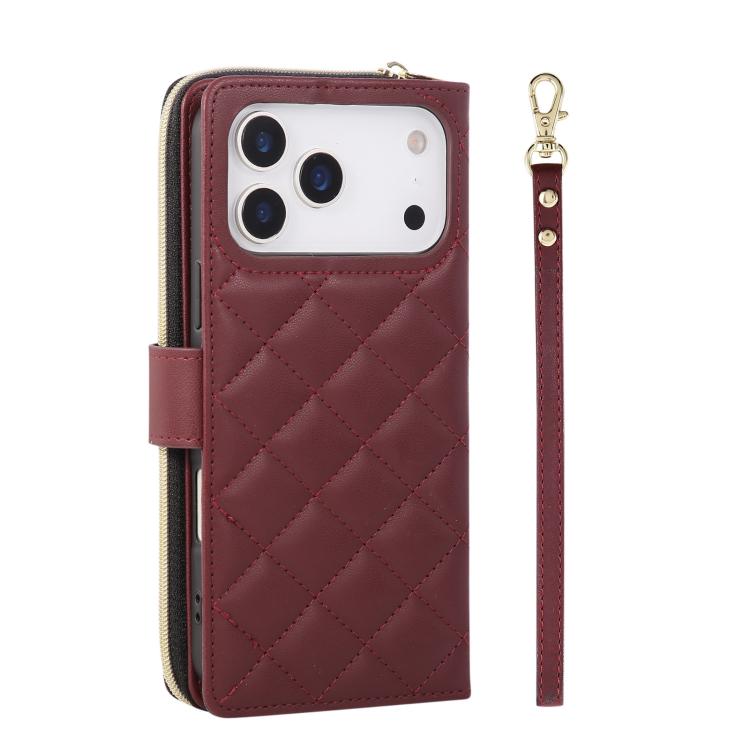 For iPhone 17 Pro Max Crossbody Rhombic Zipper Tower Buckle Leather Phone Case with Lanyard