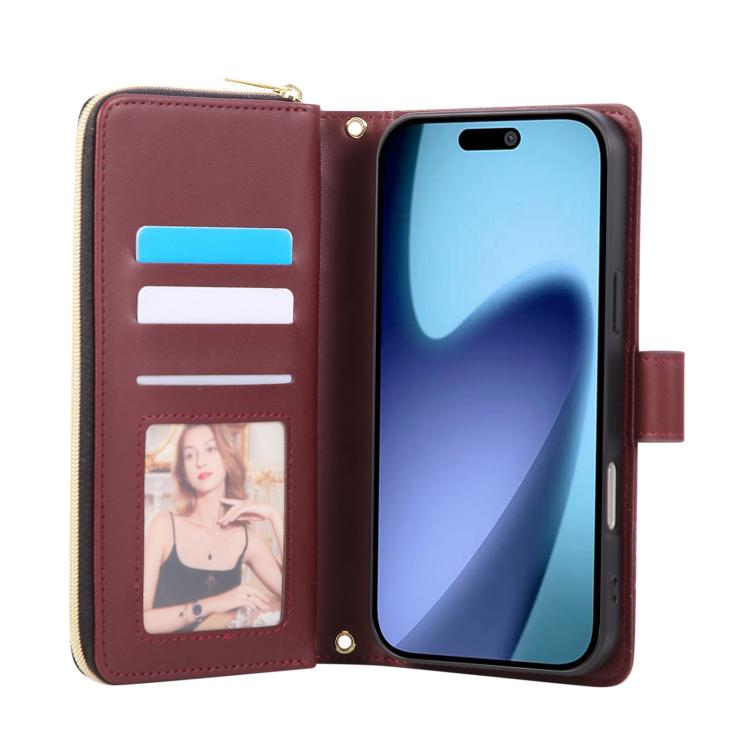 For iPhone 17 Pro Max Crossbody Rhombic Zipper Tower Buckle Leather Phone Case with Lanyard