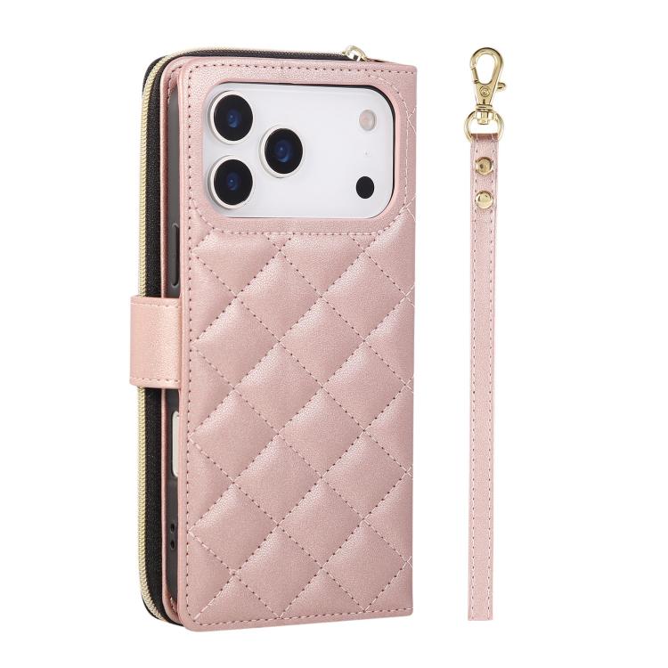 For iPhone 17 Pro Max Crossbody Rhombic Zipper Tower Buckle Leather Phone Case with Lanyard