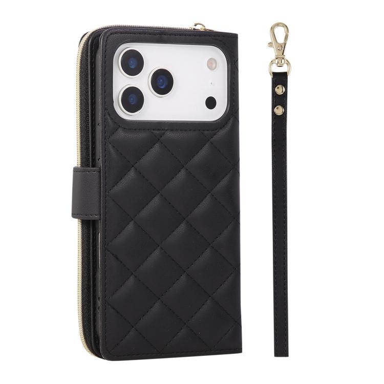 For iPhone 17 Pro Max Crossbody Rhombic Zipper Tower Buckle Leather Phone Case with Lanyard