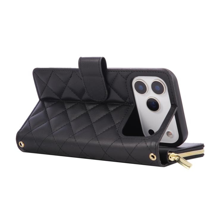 For iPhone 17 Pro Max Crossbody Rhombic Zipper Tower Buckle Leather Phone Case with Lanyard