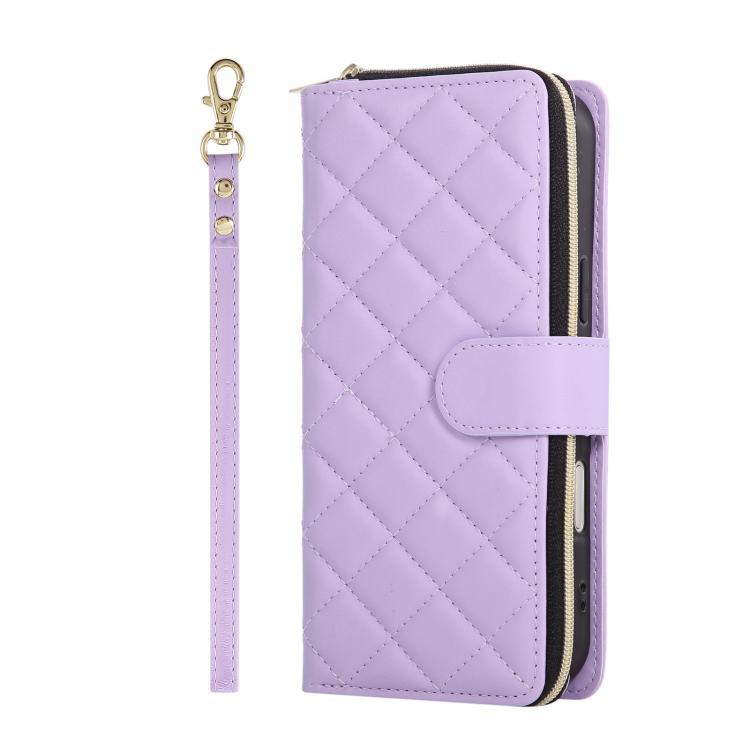 For iPhone 17 Pro Crossbody Rhombic Zipper Tower Buckle Leather Phone Case with Lanyard