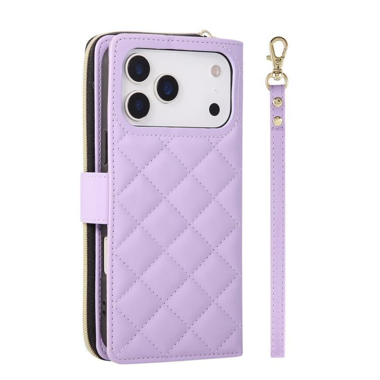For iPhone 17 Pro Crossbody Rhombic Zipper Tower Buckle Leather Phone Case with Lanyard
