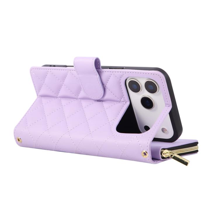 For iPhone 17 Pro Crossbody Rhombic Zipper Tower Buckle Leather Phone Case with Lanyard