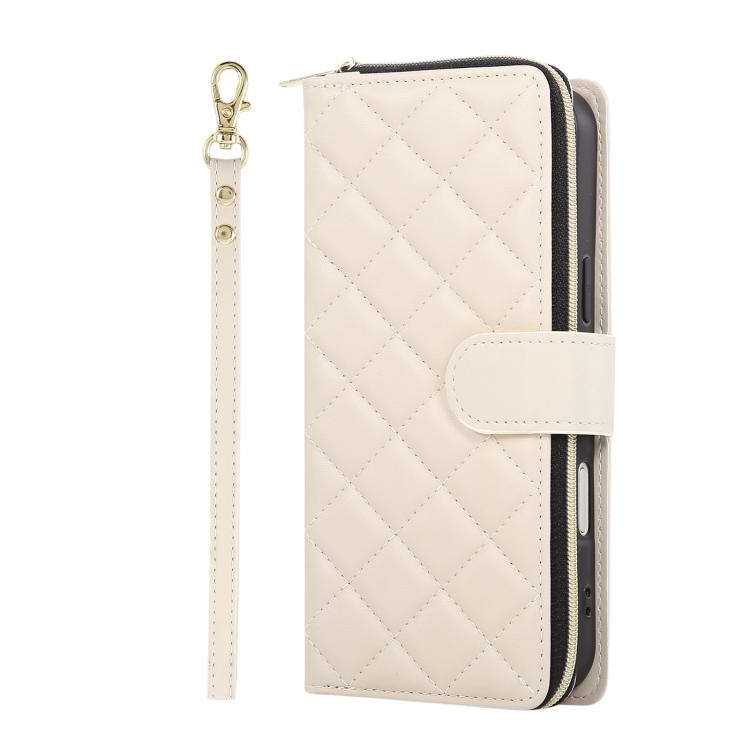 For iPhone 17 Pro Crossbody Rhombic Zipper Tower Buckle Leather Phone Case with Lanyard