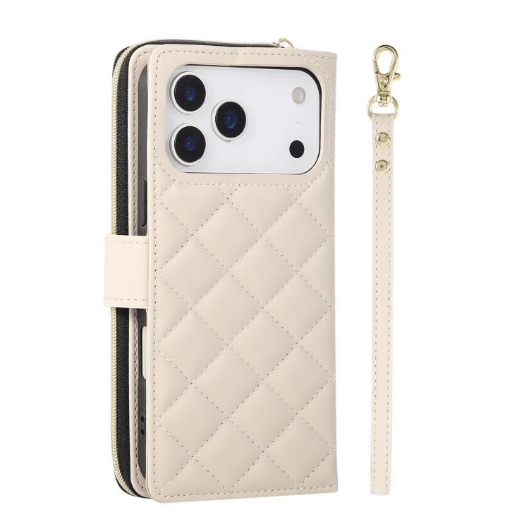 For iPhone 17 Pro Crossbody Rhombic Zipper Tower Buckle Leather Phone Case with Lanyard