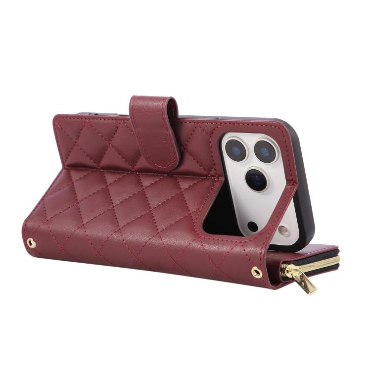 For iPhone 17 Pro Crossbody Rhombic Zipper Tower Buckle Leather Phone Case with Lanyard