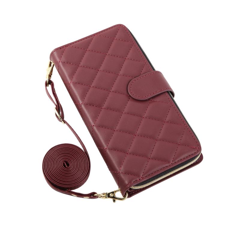 For iPhone 17 Pro Crossbody Rhombic Zipper Tower Buckle Leather Phone Case with Lanyard