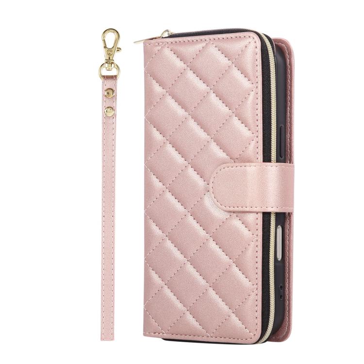 For iPhone 17 Pro Crossbody Rhombic Zipper Tower Buckle Leather Phone Case with Lanyard