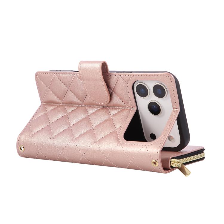 For iPhone 17 Pro Crossbody Rhombic Zipper Tower Buckle Leather Phone Case with Lanyard