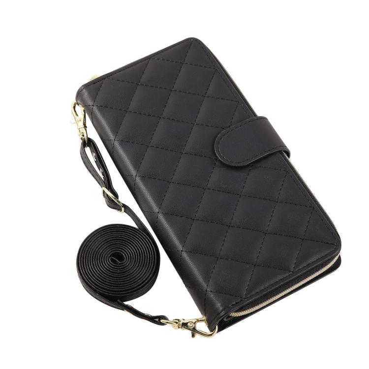 For iPhone 17 Pro Crossbody Rhombic Zipper Tower Buckle Leather Phone Case with Lanyard