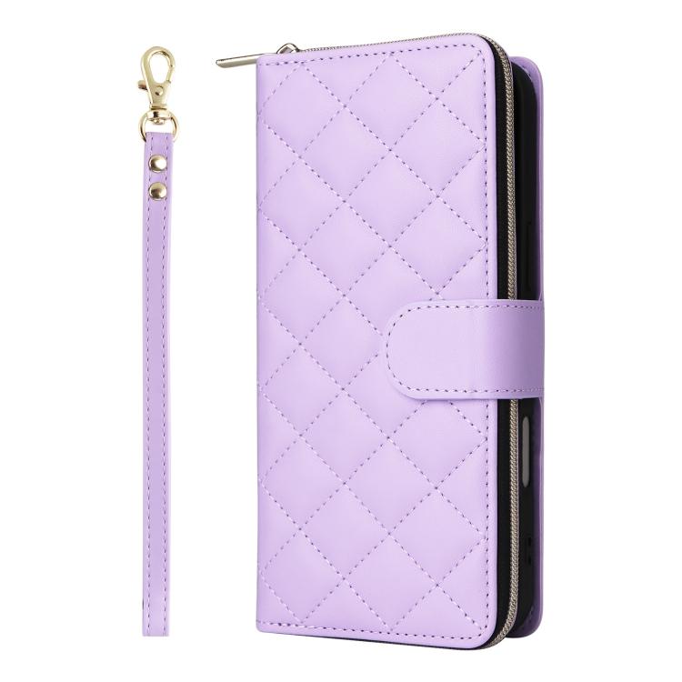 For iPhone 17 Crossbody Rhombic Zipper Tower Buckle Leather Phone Case with Lanyard