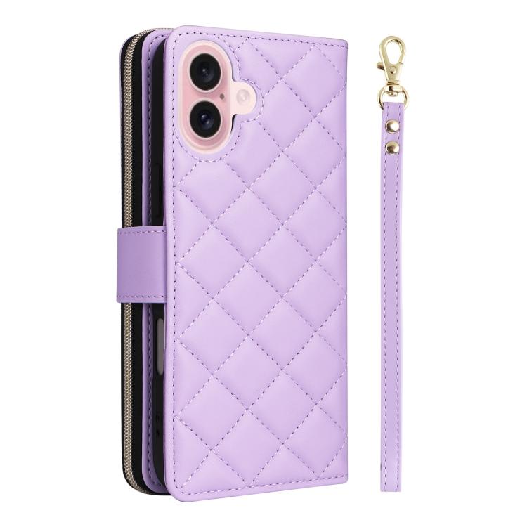 For iPhone 17 Crossbody Rhombic Zipper Tower Buckle Leather Phone Case with Lanyard
