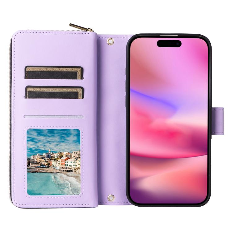 For iPhone 17 Crossbody Rhombic Zipper Tower Buckle Leather Phone Case with Lanyard