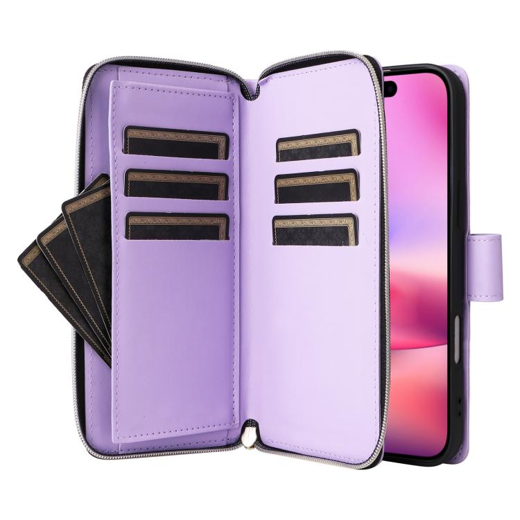 For iPhone 17 Crossbody Rhombic Zipper Tower Buckle Leather Phone Case with Lanyard