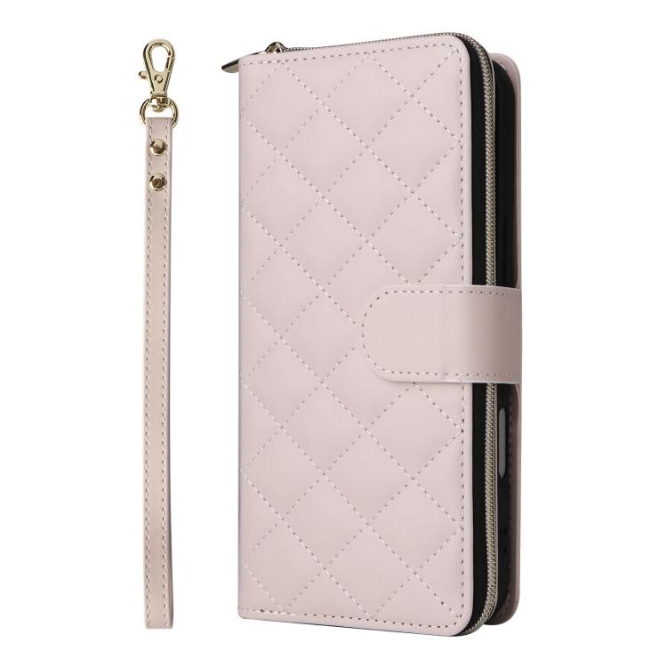 For iPhone 17 Crossbody Rhombic Zipper Tower Buckle Leather Phone Case with Lanyard