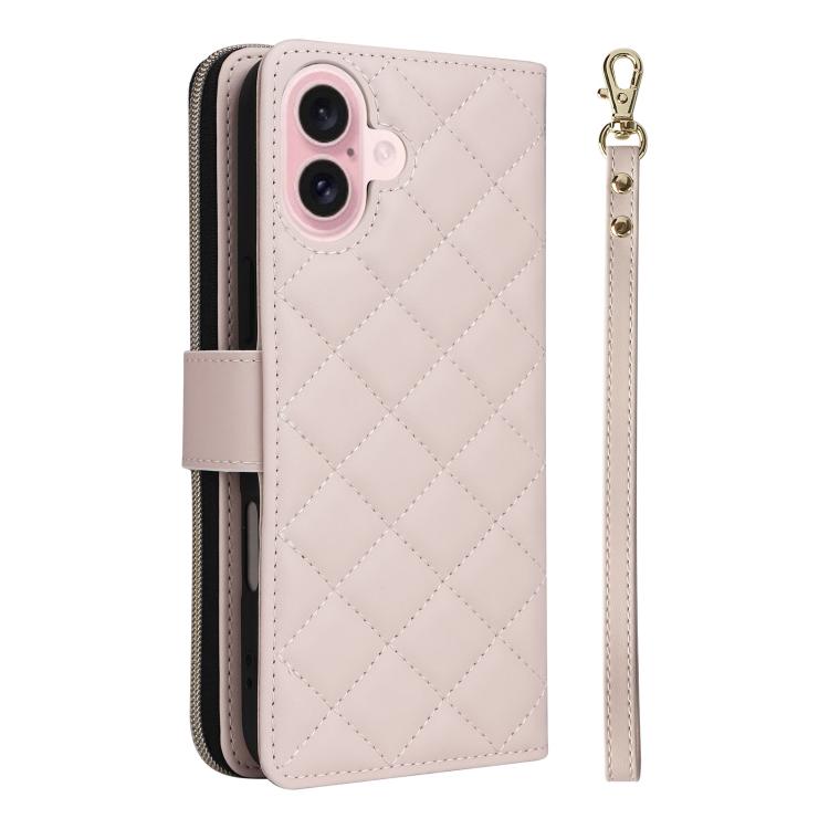 For iPhone 17 Crossbody Rhombic Zipper Tower Buckle Leather Phone Case with Lanyard