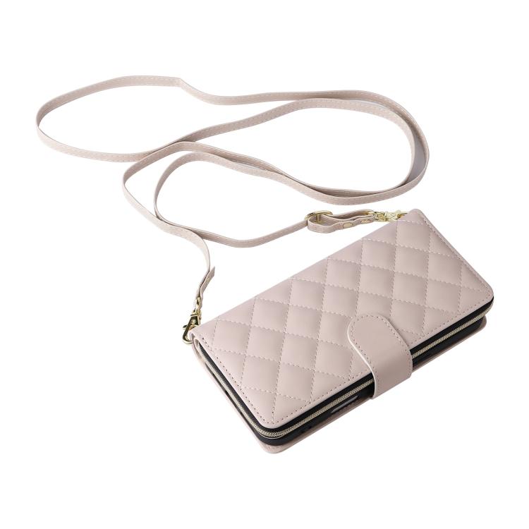 For iPhone 17 Crossbody Rhombic Zipper Tower Buckle Leather Phone Case with Lanyard