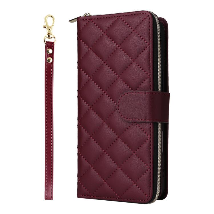 For iPhone 17 Crossbody Rhombic Zipper Tower Buckle Leather Phone Case with Lanyard