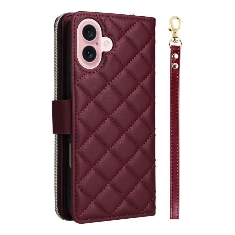 For iPhone 17 Crossbody Rhombic Zipper Tower Buckle Leather Phone Case with Lanyard
