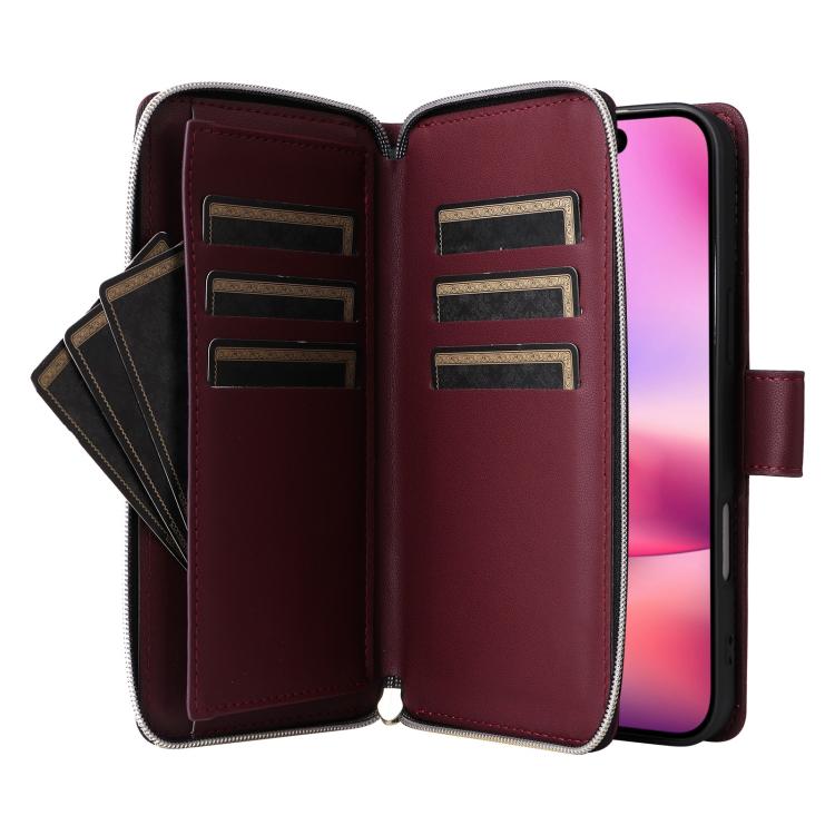 For iPhone 17 Crossbody Rhombic Zipper Tower Buckle Leather Phone Case with Lanyard