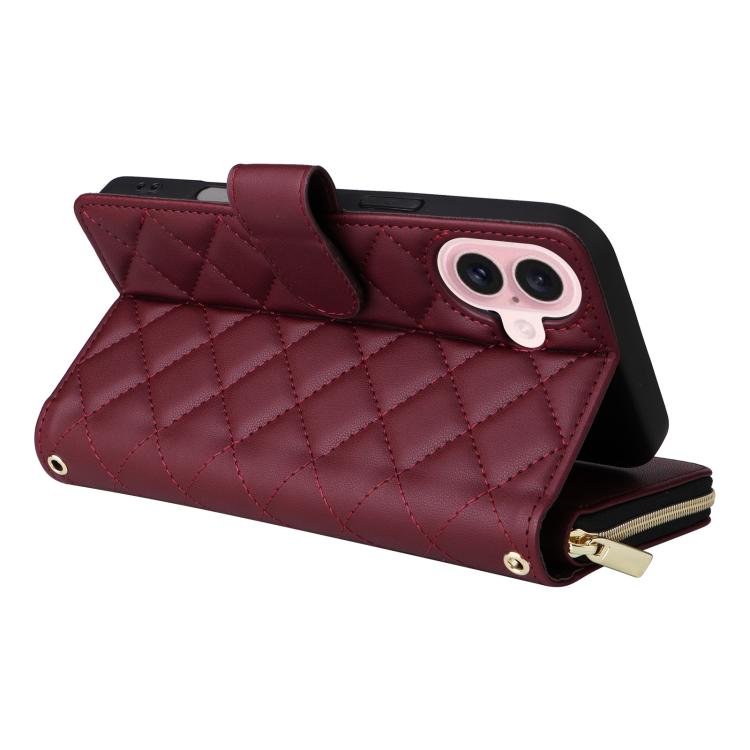 For iPhone 17 Crossbody Rhombic Zipper Tower Buckle Leather Phone Case with Lanyard