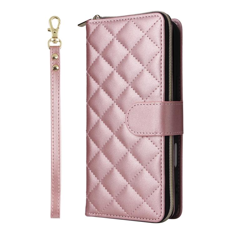 For iPhone 17 Crossbody Rhombic Zipper Tower Buckle Leather Phone Case with Lanyard