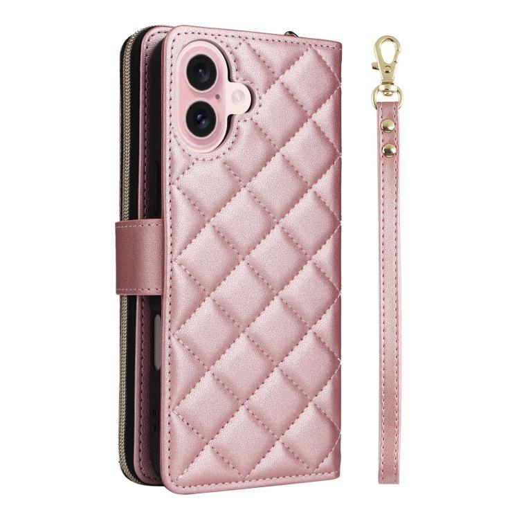 For iPhone 17 Crossbody Rhombic Zipper Tower Buckle Leather Phone Case with Lanyard