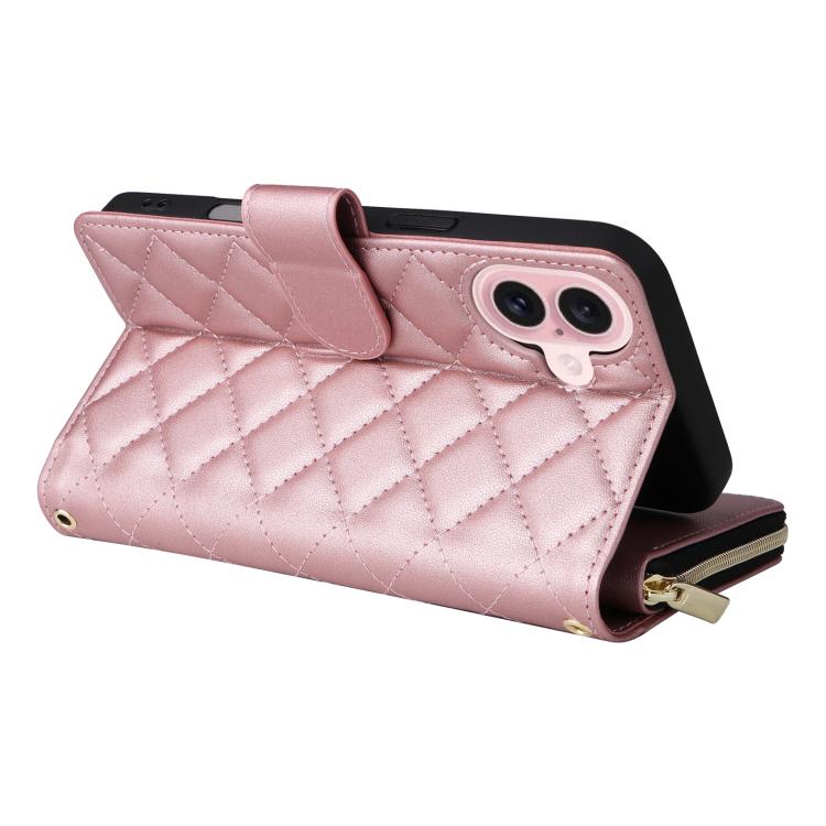 For iPhone 17 Crossbody Rhombic Zipper Tower Buckle Leather Phone Case with Lanyard