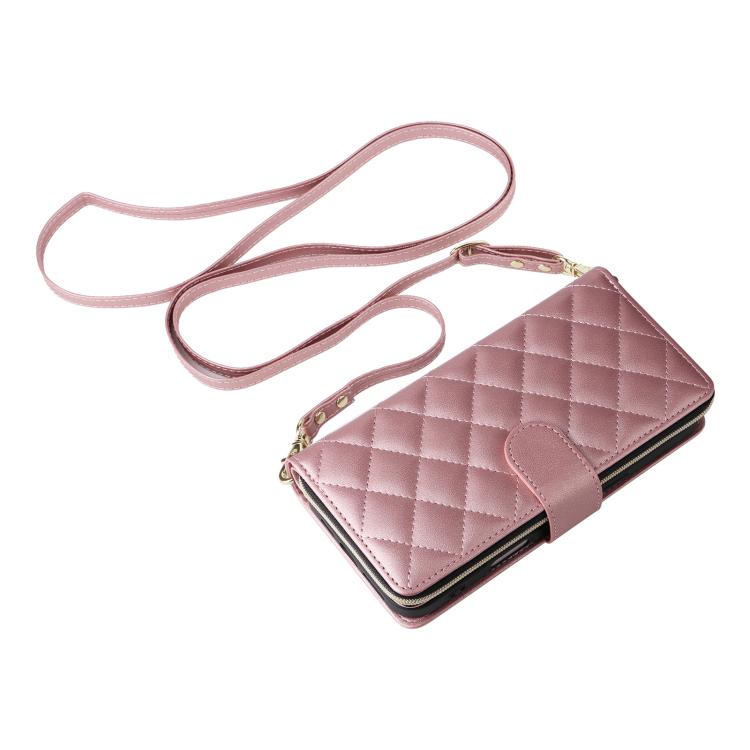 For iPhone 17 Crossbody Rhombic Zipper Tower Buckle Leather Phone Case with Lanyard