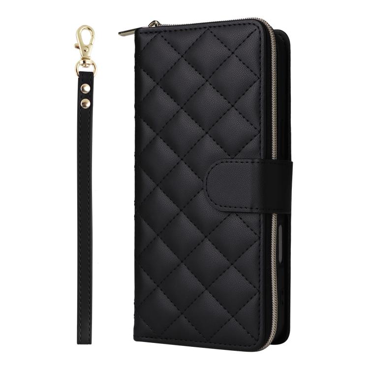 For iPhone 17 Crossbody Rhombic Zipper Tower Buckle Leather Phone Case with Lanyard