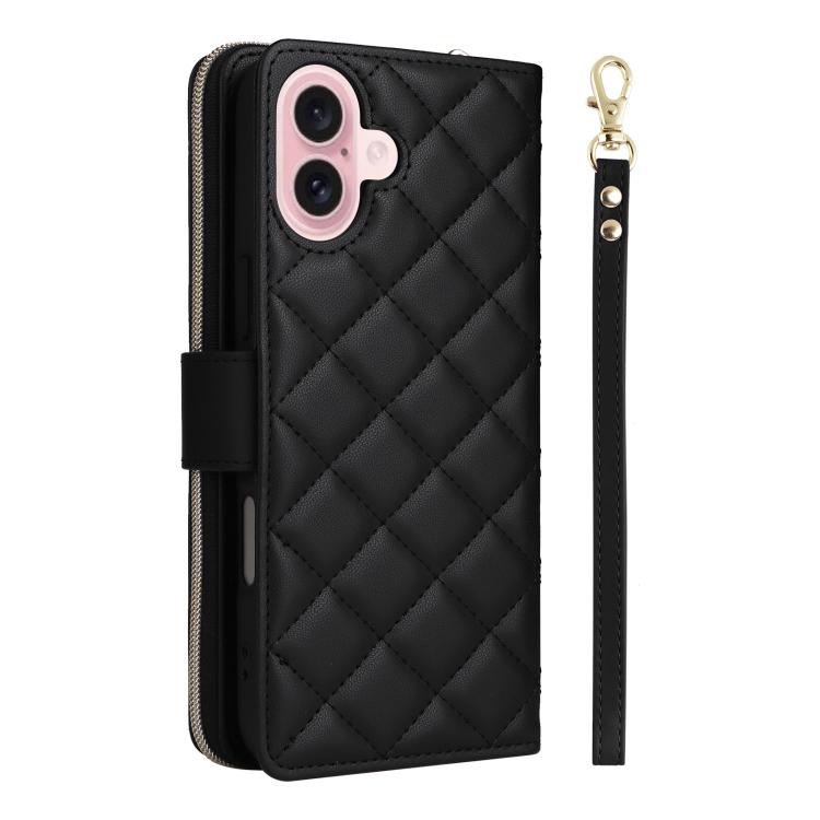 For iPhone 17 Crossbody Rhombic Zipper Tower Buckle Leather Phone Case with Lanyard