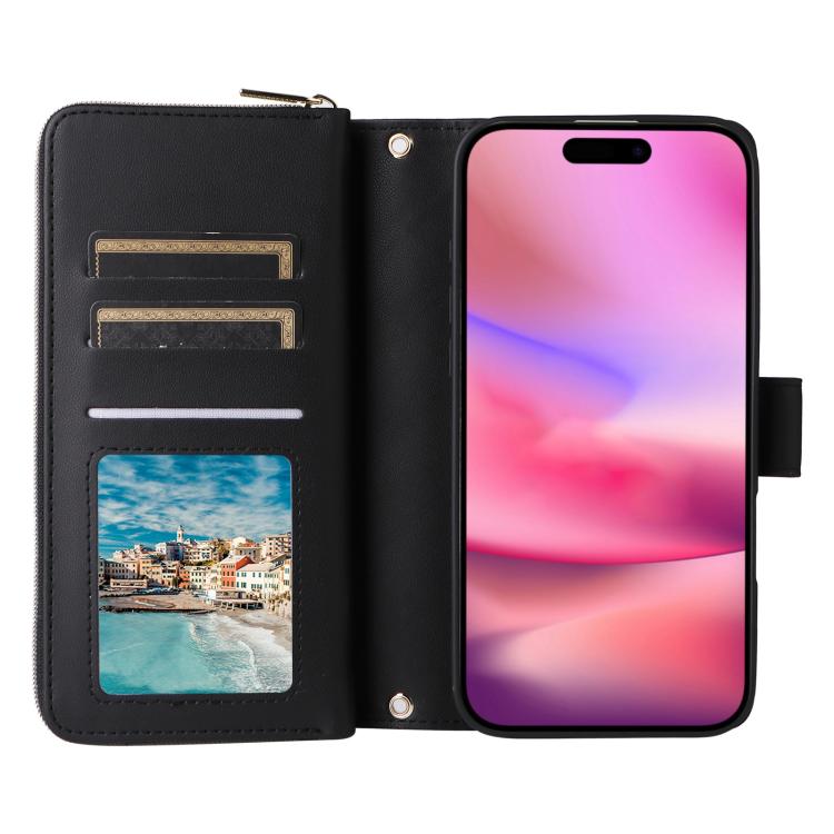 For iPhone 17 Crossbody Rhombic Zipper Tower Buckle Leather Phone Case with Lanyard