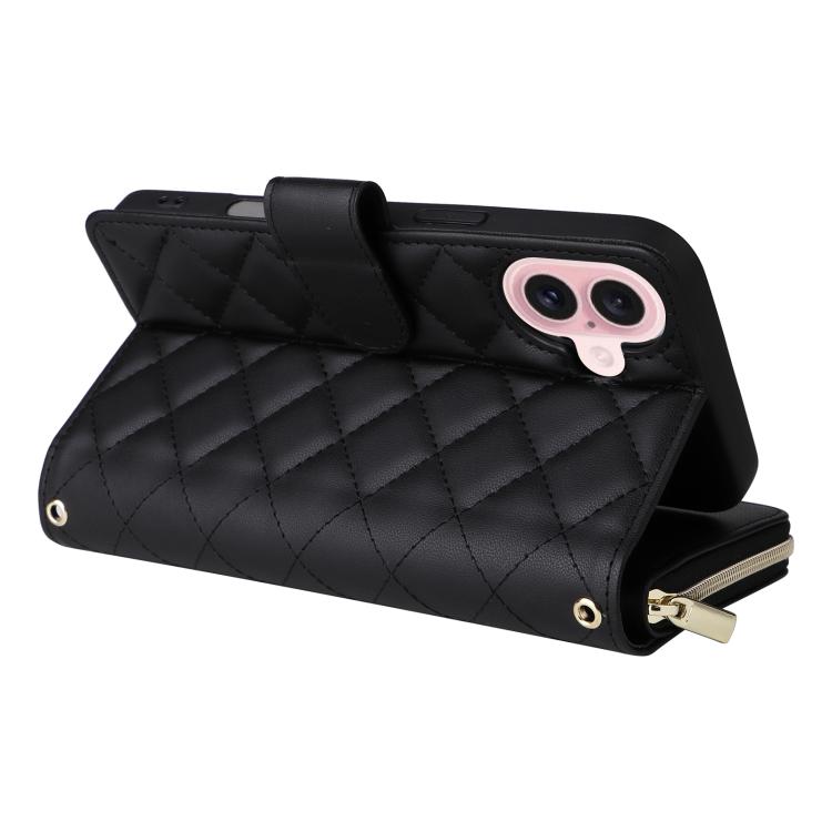 For iPhone 17 Crossbody Rhombic Zipper Tower Buckle Leather Phone Case with Lanyard