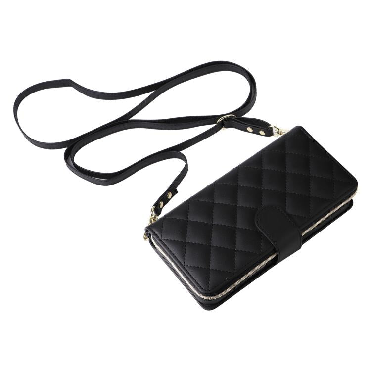 For iPhone 17 Crossbody Rhombic Zipper Tower Buckle Leather Phone Case with Lanyard