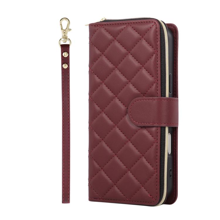 For iPhone Air Crossbody Rhombic Zipper Tower Buckle Leather Phone Case with Lanyard